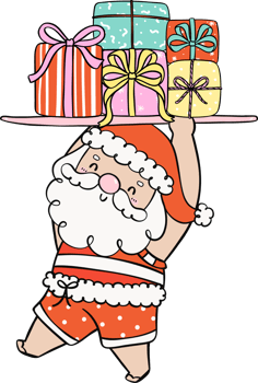 Cute Groovy Summer Christmas Beach Santa with surboard cartoon doodle png