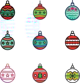 Christmas Ornaments with snowflakes line icon.Set of simple christmas balls isolated on white background. Christmas decoration.Christmas and New Year seamless banner or border. vector