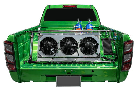 Back view green truck with nitrous oxide tank and intercooler on truck bed png