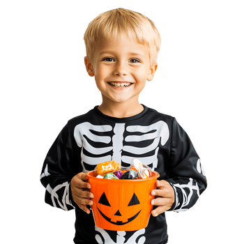Blonde Boy with Halloween Bucket of Candy Isolated on Transparent Background png