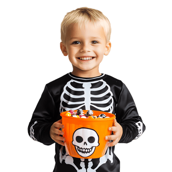 Happy Boy in Skeleton Costume with Candy Bucket Isolated on Transparent Background png