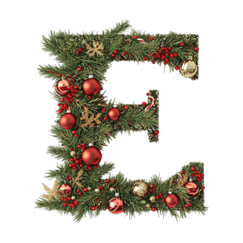a christmas letter e with decorations on a transparent background png