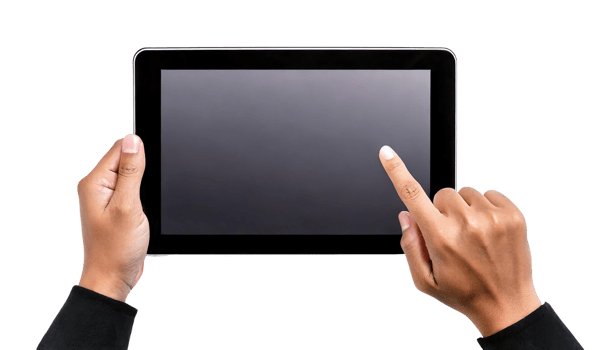 Close-up of hands using a tablet, showcasing modern digital interaction. png