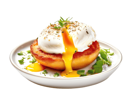 Delicious poached egg with a golden yolk served on a crispy muffin, garnished with herbs. png