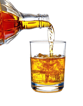A refreshing pour of golden beverage into a chilled glass with ice cubes. png
