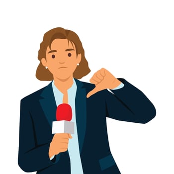 Reporter woman holding a microphone and reporting news showing thumb down sign. vector