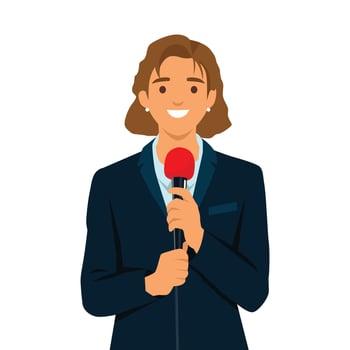Young woman reporter holding microphone. vector
