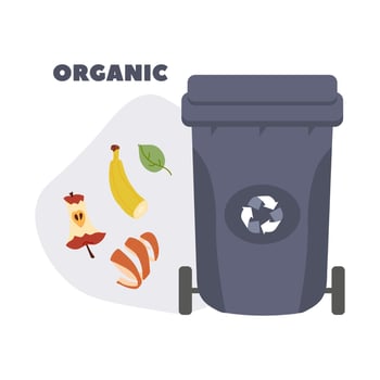 Trash bin for organic waste with food scraps and recycling symbol in a modern design vector