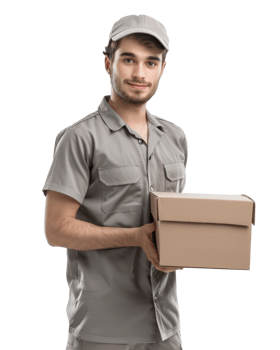 Young delivery man holding a package isolated on transparent background png