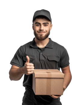 Happy delivery man holding a package and giving thumbs up isolated on transparent background png
