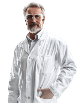 Male scientist smiling in lab coat isolated on transparent background png