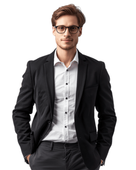 Professional young man in a dark black suit with hands in pockets isolated on transparent background png