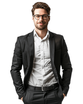 Stylish handsome man in a dark suit with glasses isolated on transparent background png