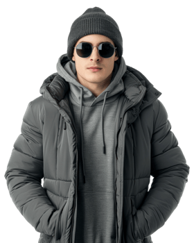 Man in Thick Winter Jacket with Hood Isolated on Transparent Background png