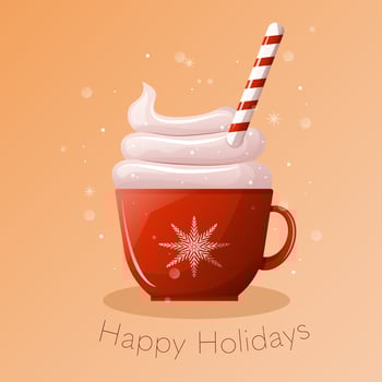 Christmas illustration. Red cup with delicious cream and Christmas candy. Festive drink, delicious dessert. Snowflakes, snow. Festive design for a card or poster. vector