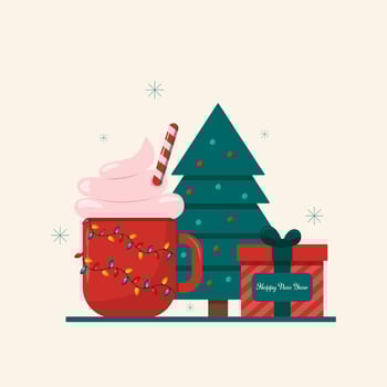 Merry Christmas. Festive illustration with an inscription. Cocoa with a garland, a gift and a Christmas tree. Traditional colors. vector