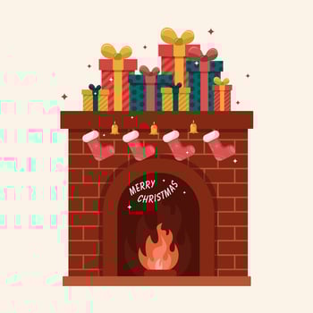 Christmas fireplace with gifts and festive socks. New Year illustration. Design for a postcard. vector