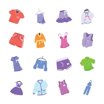A collection of clothing icons featuring a variety of apparel items such as shirts, dresses, skirts, pants, hoodies, swimwear, and underwear vector
