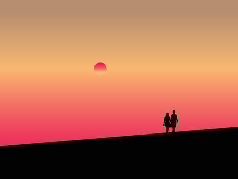 Happy couple walking at silhouette sunset time illustration vector