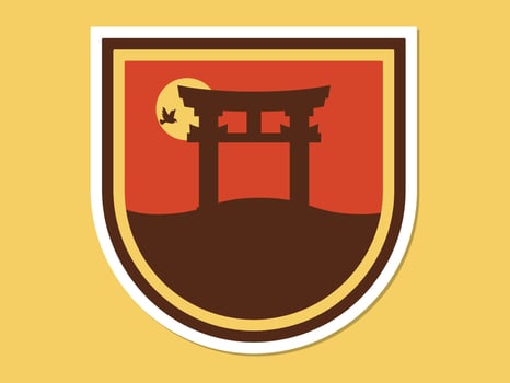 Abstract retro Japanese gate sunset background landscape flat sticker design vector