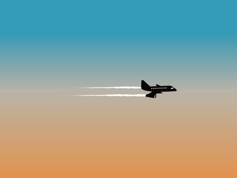 An aeroplane flying over a silhouetted sky at sunset time vector