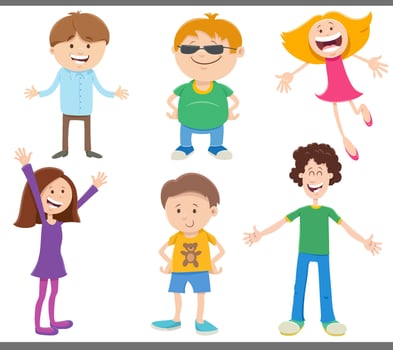 cartoon happy kids and teens comic characters set vector