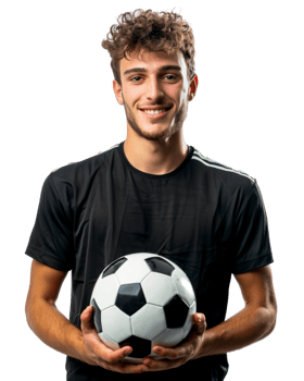 Cheerful Man in Black T-shirt Holding Soccer Ball Isolated on Transparent Background png