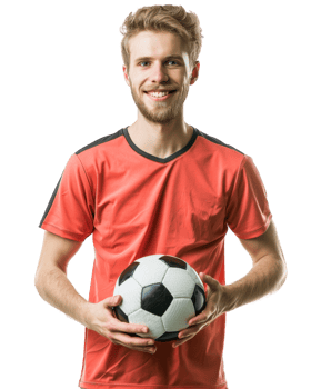Happy Man in Red Sports Shirt Holding Soccer Ball Isolated on Transparent Background png