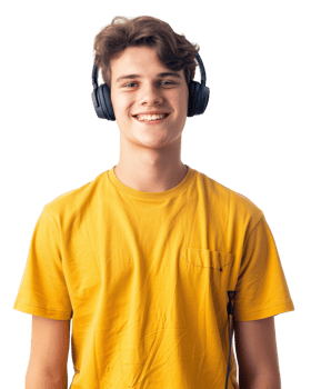 Happy Man in Yellow T-shirt Wearing Headphones Isolated on Transparent Background png