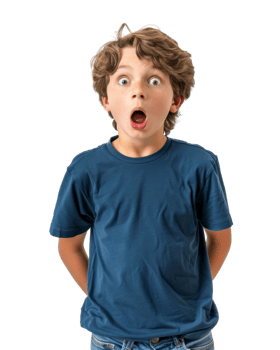 Child in a blue shirt looking surprised isolated on transparent background png