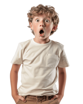 Child in a white shirt with a curious expression isolated on transparent png