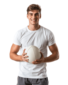 Young man holding rugby ball isolated on transparent background png