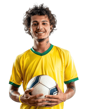 Smiling man in a yellow t-shirt holding a soccer ball isolated on transparent background png