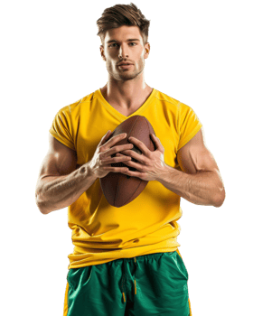 Confident young man in a yellow t-shirt with a soccer ball isolated on transparent background png