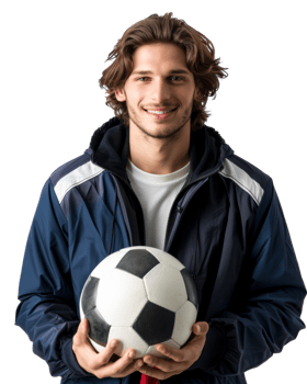 Smiling man in a black t-shirt holding a soccer ball isolated on transparent background png