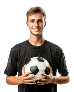 Young man in a black t-shirt holding a soccer ball isolated on transparent background png