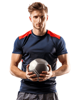 Professional young man in blue shirt holding a football isolated on transparent background png