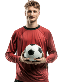 Smiling man in a red t-shirt holding a soccer ball isolated on transparent background png