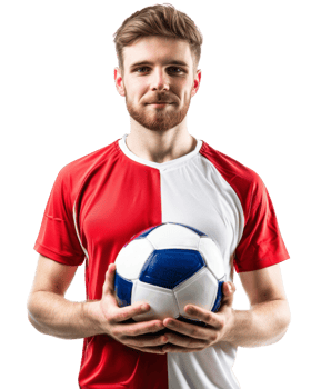Confident man in a red and white shirt with a soccer ball isolated on transparent background png