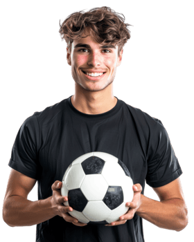 Smiling Young Man Holding Soccer Ball Isolated on Transparent Background png