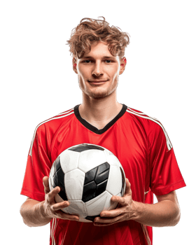 Young Athlete in Red Jersey Holding Soccer Ball Isolated on Transparent Background png