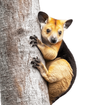 tree kangaroo clings to tree trunk, showcasing its unique fur and features. Isolated on transparent background. png