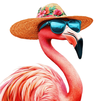 vibrant flamingo wearing straw hat and sunglasses, exuding fun. Isolated on transparent background. png