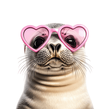 seal wearing heart shaped sunglasses, exuding playful vibe. Isolated on transparent background. png