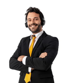 Smiling customer service agent in a suit with a yellow tie and headset isolated on a transparent background png