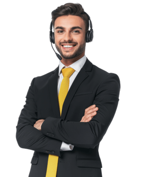 friendly customer support executive in a dark suit with headset isolated on a transparent background png