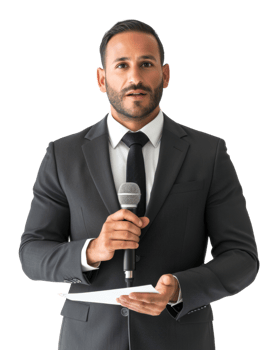 Young professional man in a suit holding a microphone isolated on a transparent background png