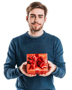 Young Man in Blue Sweater Holding Gift Box Isolated on Transparent Background png