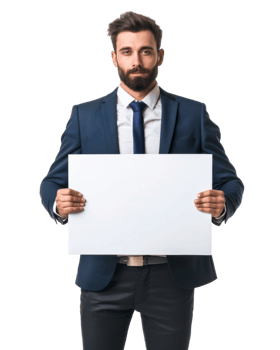 Businessman in Suit Holding Blank Sign Isolated on Transparent Background png