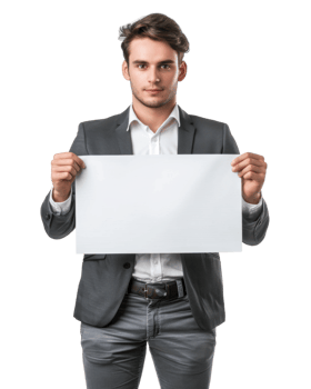 Young Man in Suit Holding Blank Poster Isolated on Transparent Background png